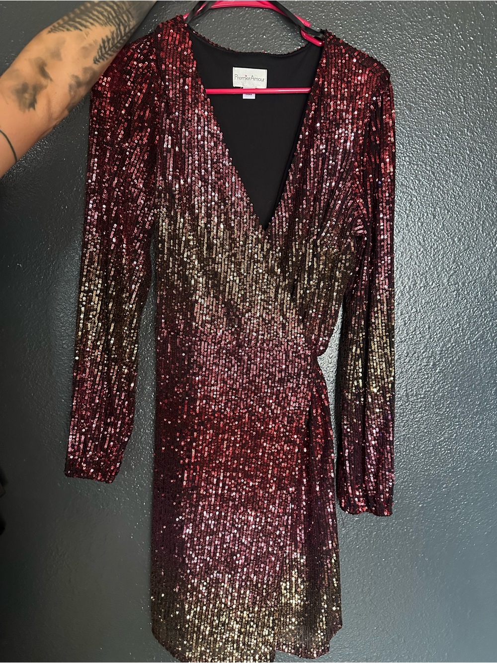 Premier Amour Burgundy and Gold Ombre Sequin Wrap Mini Dress